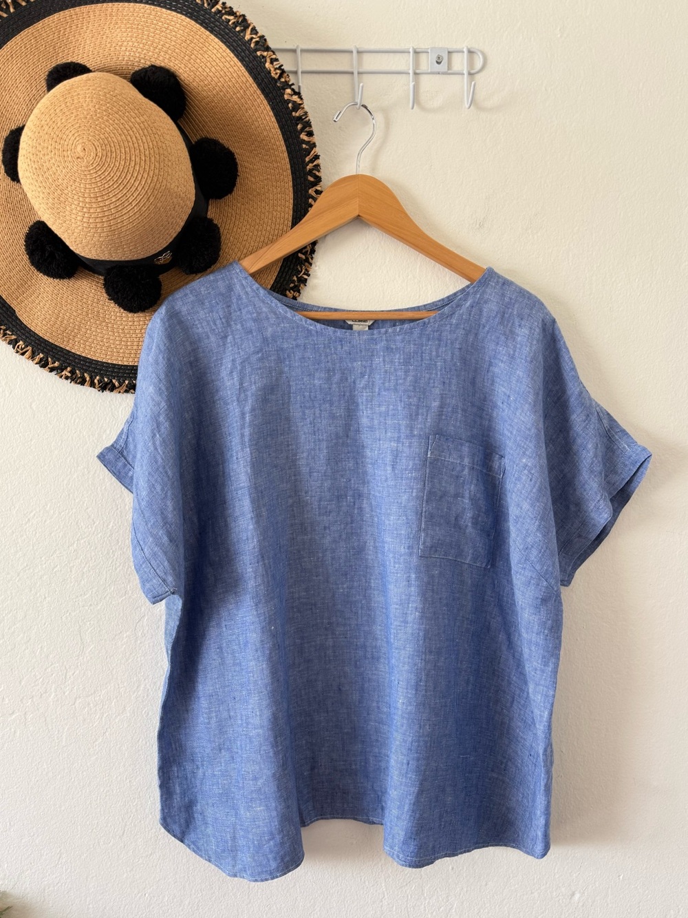 L.L. Bean Blue Linen Short Sleeve Blouse Size 2X Coastal Grandma